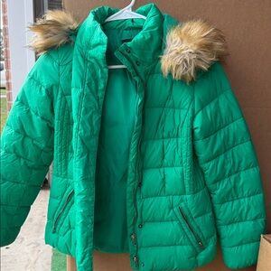 Talbots Green Puffer Jacket with Faux Fur Hood